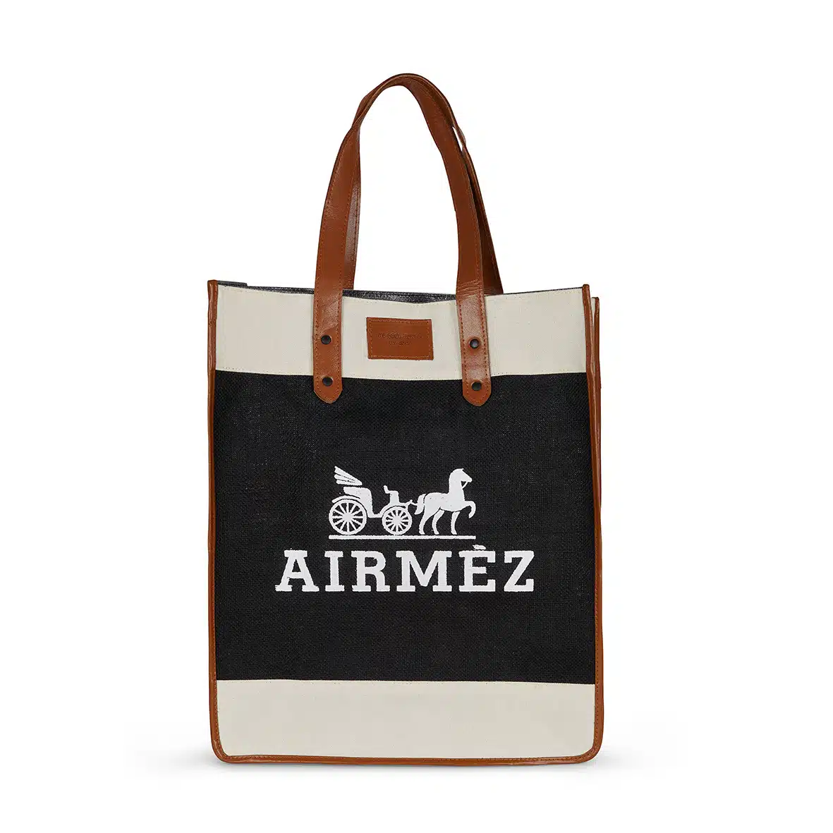 An Airmez tote bag with brown leather handles and trim, featuring a black canvas body adorned with a white horse and carriage illustration and the text "Airmez" in white. The bag boasts a rectangular leather patch near the top with an indistinct engraving.