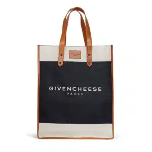 Introducing the Givencheese: a chic tote bag featuring a sophisticated beige and black color scheme. It boasts elegant leather handles and trim, with the 