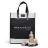 A stylish black and white tote bag with black handles and 