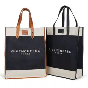 Two stylish tote bags from Givencheese are displayed. Both are black and beige with 
