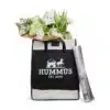 A black and white tote bag with 