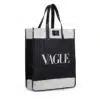 A black and white tote bag with the word 