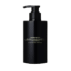 A sleek black bottle with a pump dispenser labeled “Exfoliating Granule Body Wash, 500 ml.” The text on the bottle is in white and yellow. The design is minimalist and modern.