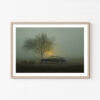 The Misty Porsche framed art print showcases a vintage Porsche parked in front of a barren tree, surrounded by thick fog. A soft, glowing light filters through the mist, creating an ethereal and moody atmosphere.