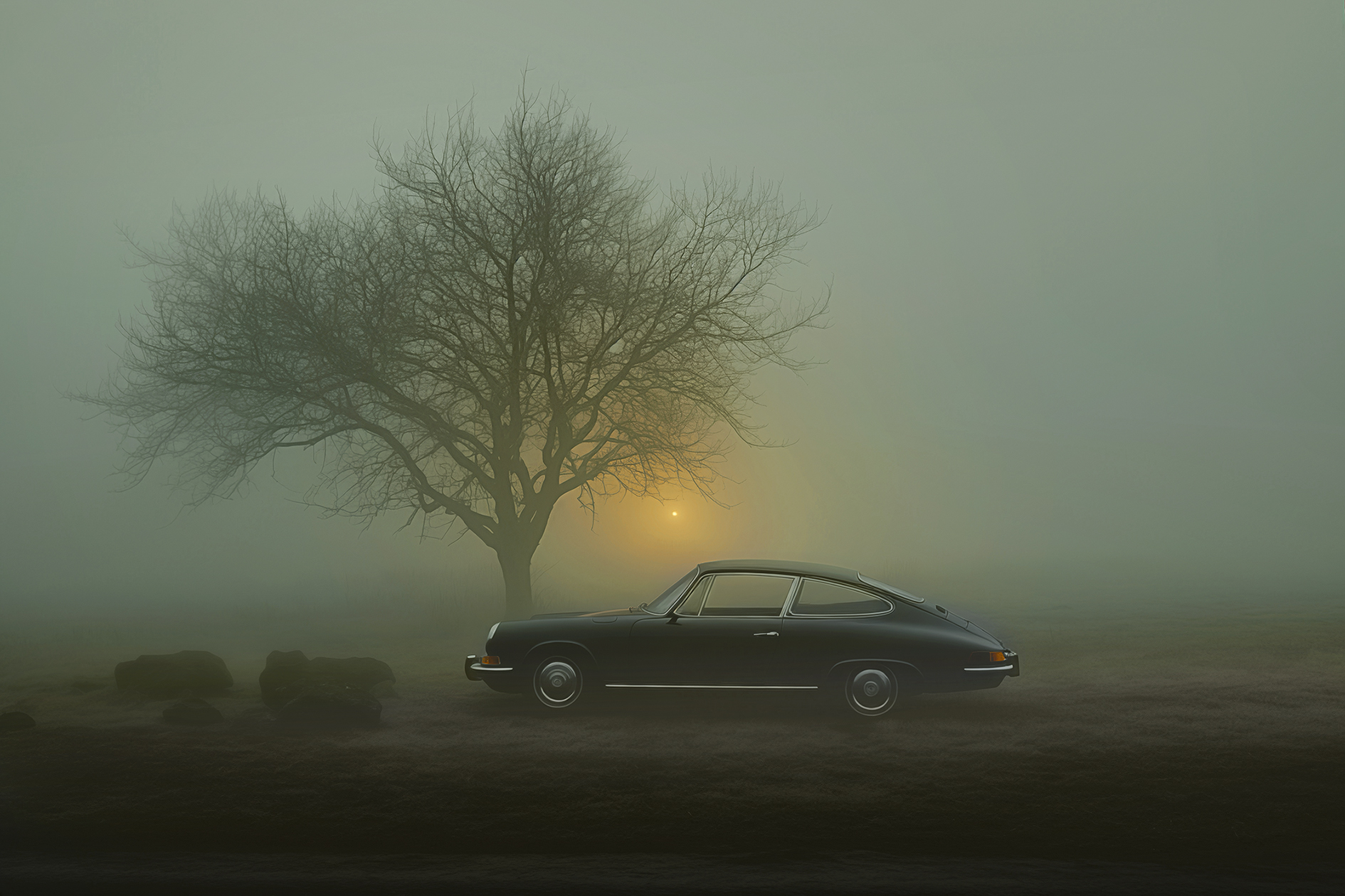 The Misty Porsche is parked on a foggy road next to a leafless tree. The misty atmosphere is illuminated by a soft, warm light at the horizon, creating an ethereal and serene scene.