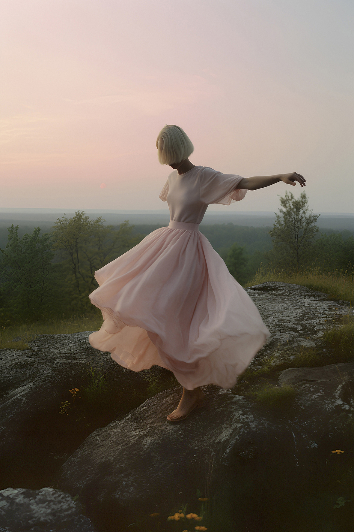 A person with short blonde hair, clad in the Pink Serenade flowing dress, twirls gracefully on a rocky outcrop. The sunset casts a warm glow, illuminating the surrounding trees and landscape, creating a serene and almost serenade-like atmosphere.